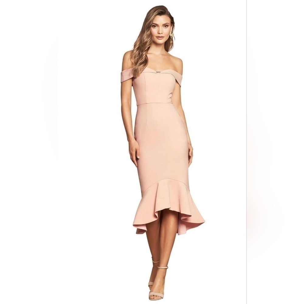 Off-the-Shoulder Blush Midi Trumpet Dress